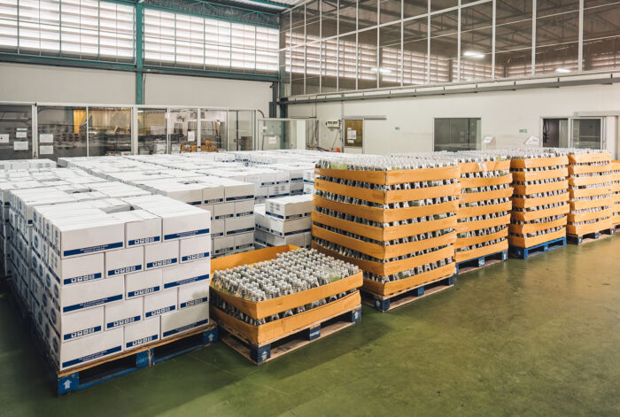 Group of bottled juice beverage product in cardboard box package in manufacturing factory for commerce shipping