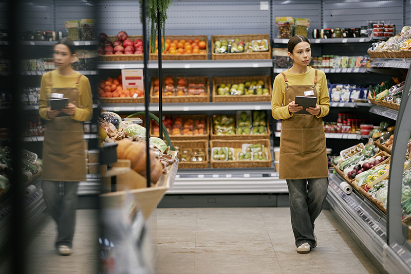 Grocery store employee wearing apron and holding clipboard while checking inventory in produce section. Various fruits and vegetables displayed in background